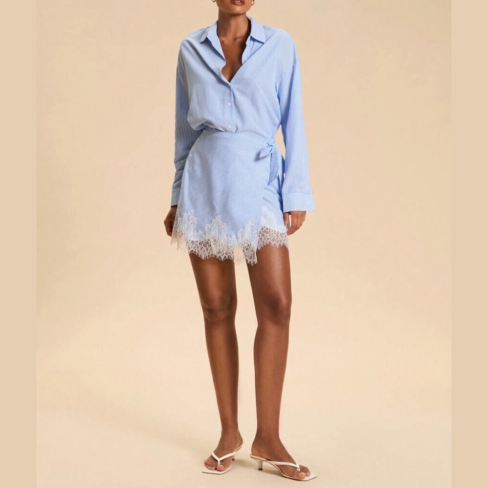 Blue Striped Lace Hem Button Front Long Sleeve Blouse Shirt